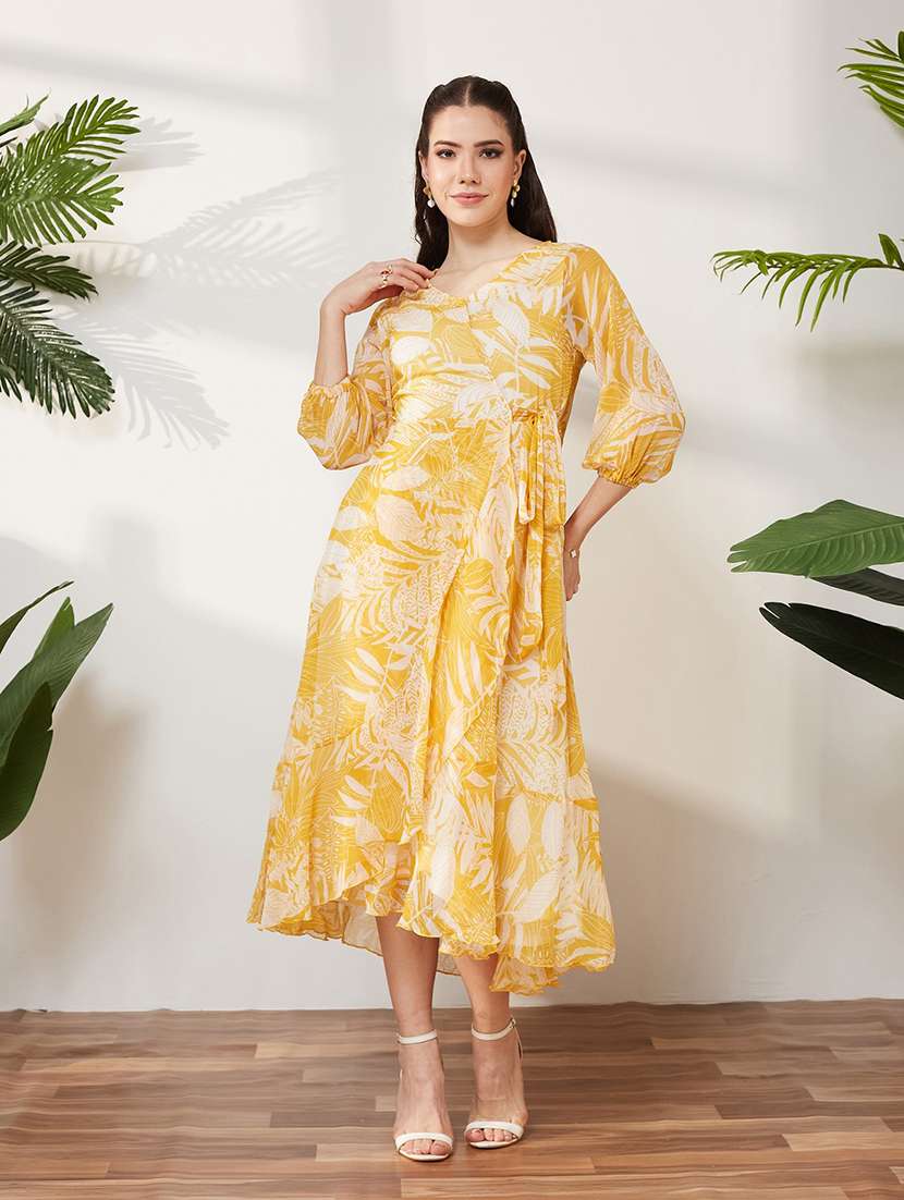 women printed three quarter sleeves wrap dress - 22587761 -  Standard Image - 2