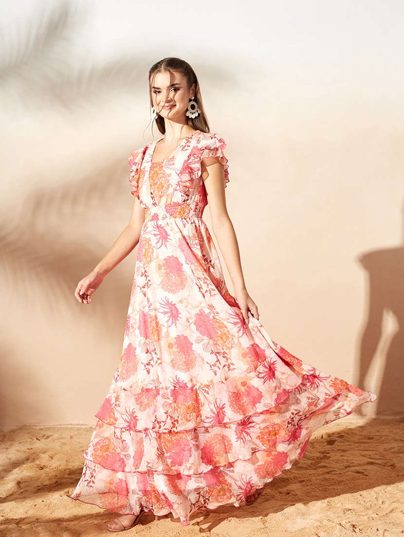 women printed ruffle sleeves tiered dress - 22587774 -  Standard Image - 2