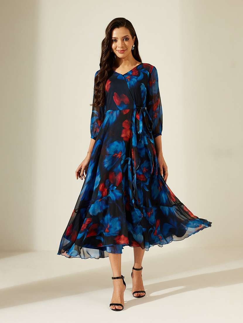 Women Printed Three Quarter Sleeves Wrap Dress - 22587787 -  Standard Image - 2