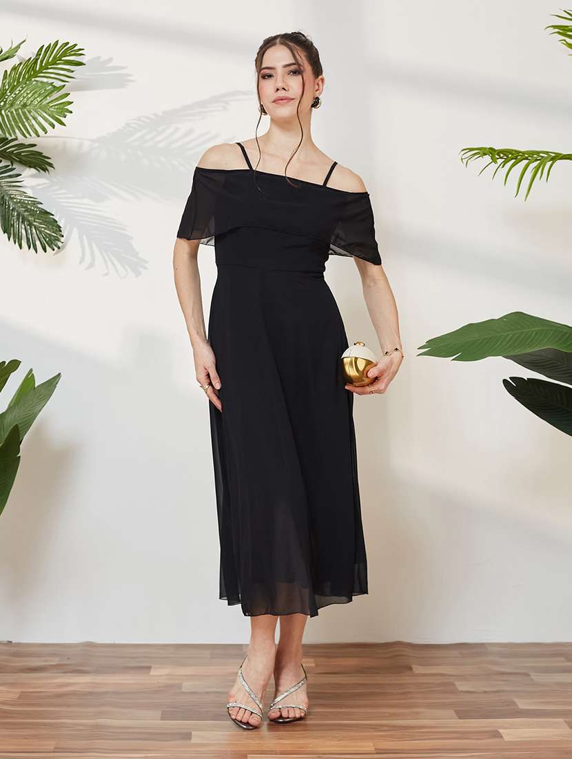women solid cold shoulder fit and flare dress - 22587799 -  Standard Image - 2