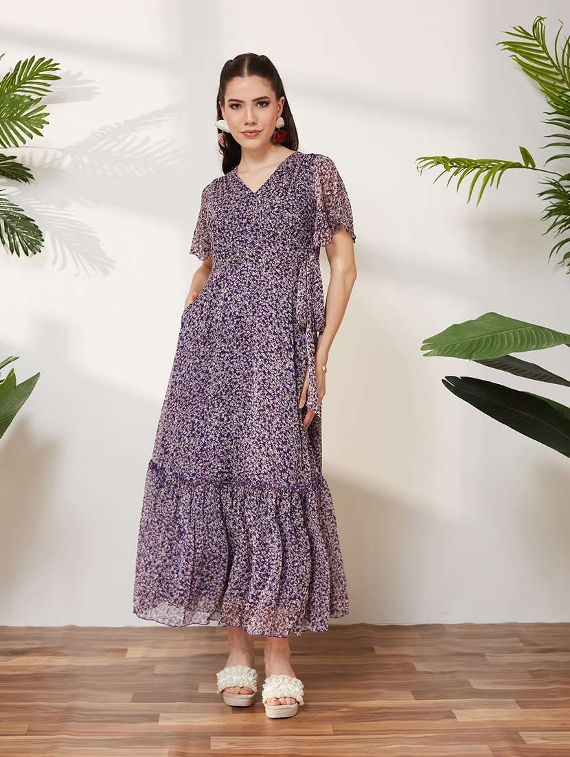 women printed flared sleeves tiered dress