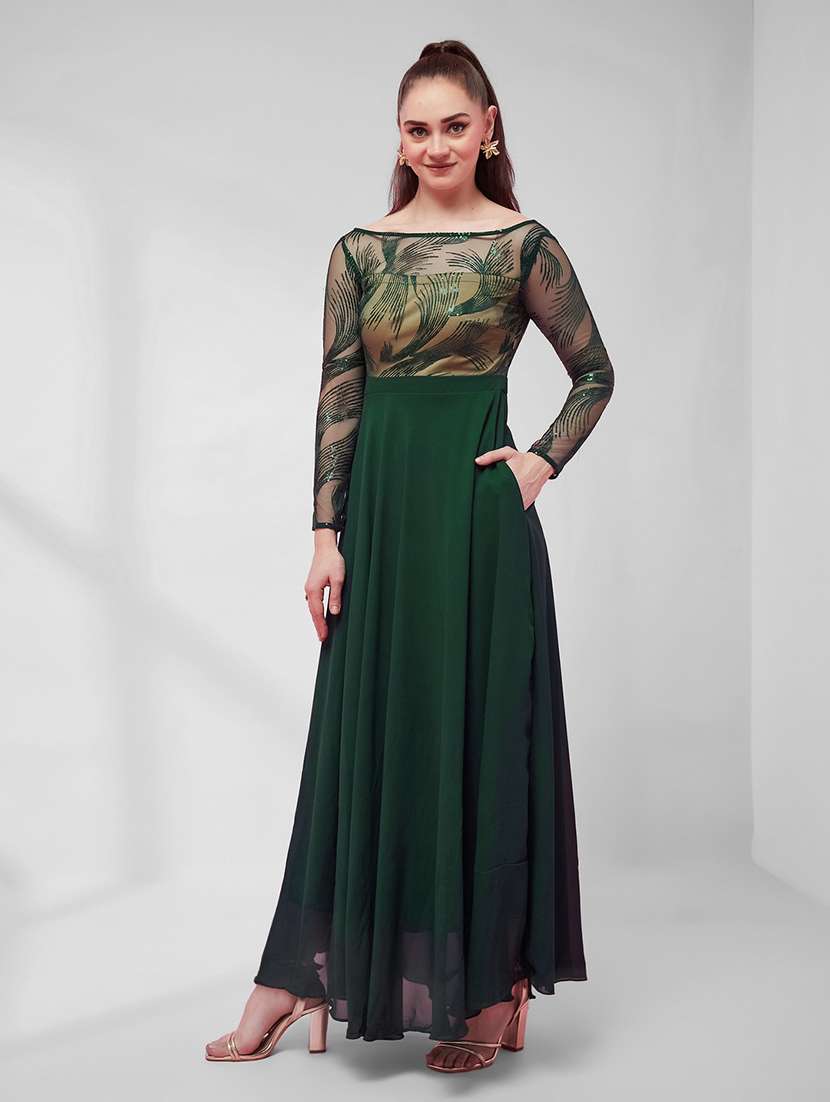 women embroidered long sleeves fit and flare dress