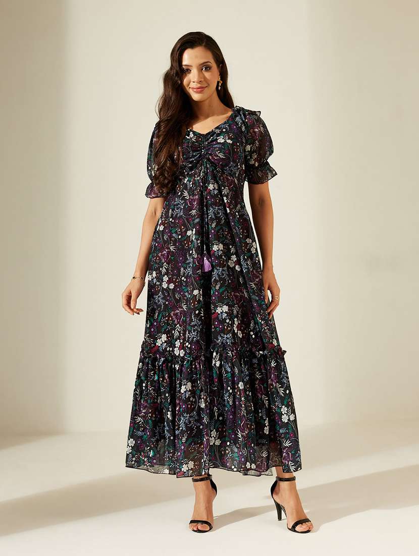 women printed puff sleeves tiered dress - 22587820 -  Standard Image - 2