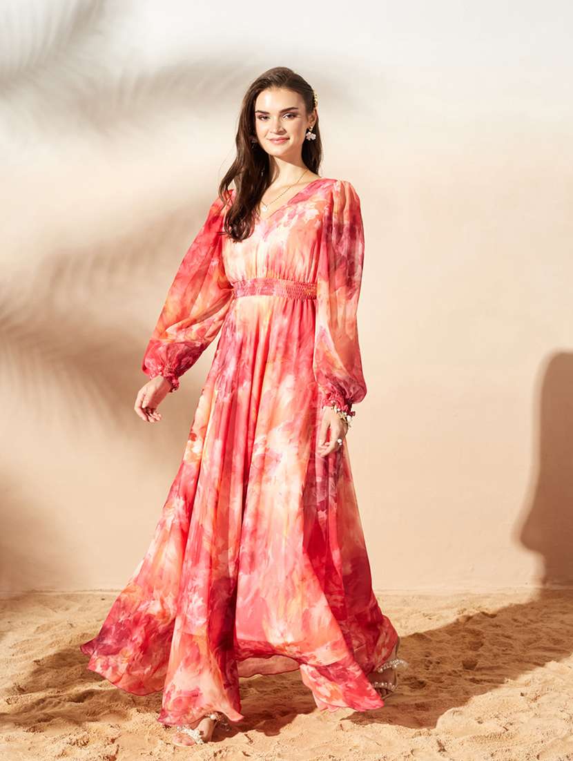women printed bishop sleeves tiered dress