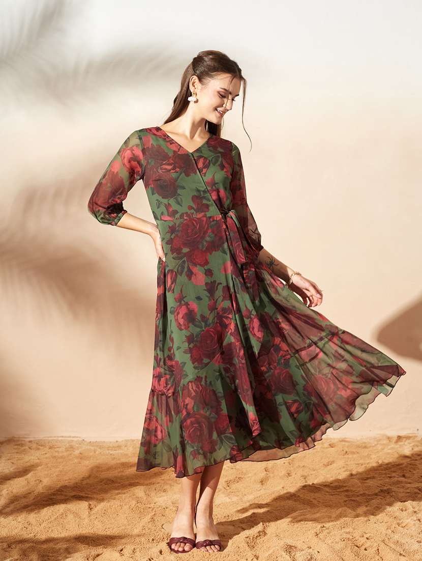 Women Printed Three Quarter Sleeves Wrap Dress - 22587834 -  Standard Image - 2