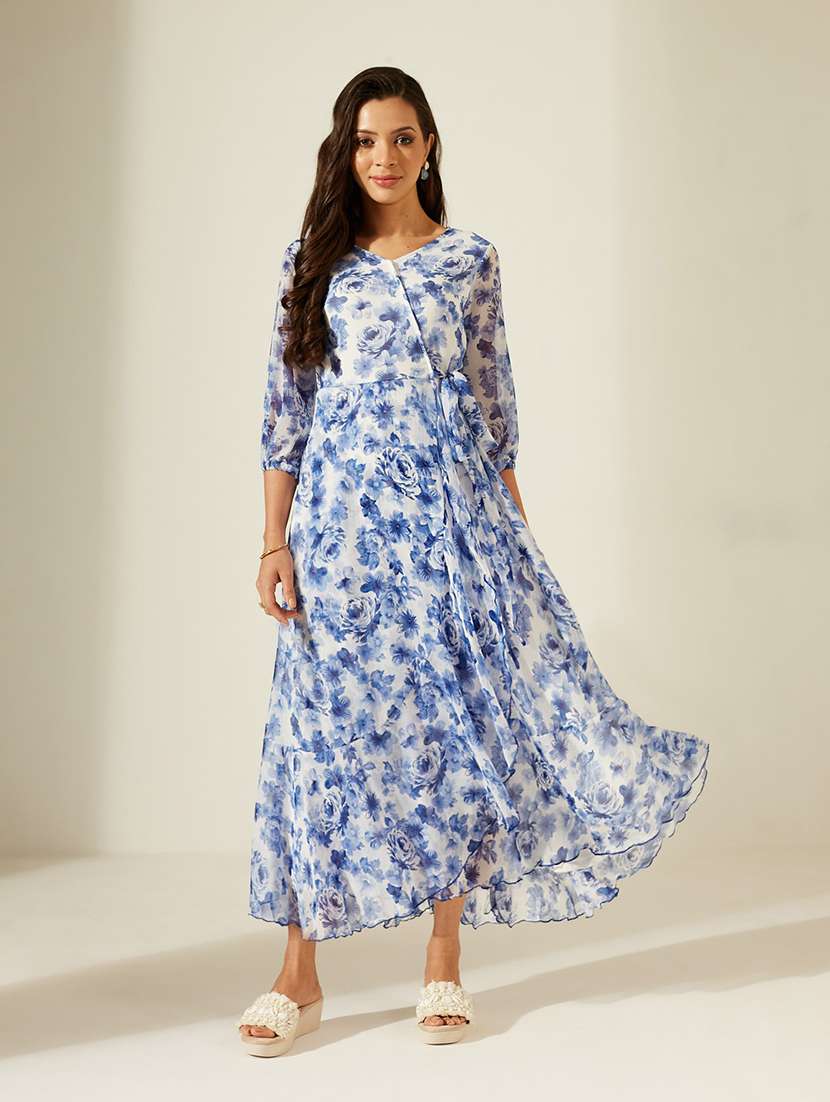women printed three quarter sleeves wrap dress