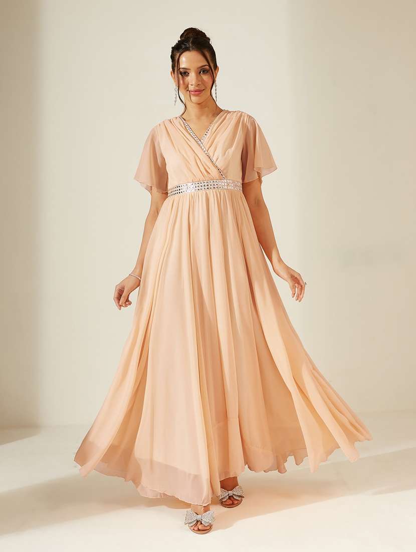 women embroidered flared sleeves fit and flare dress