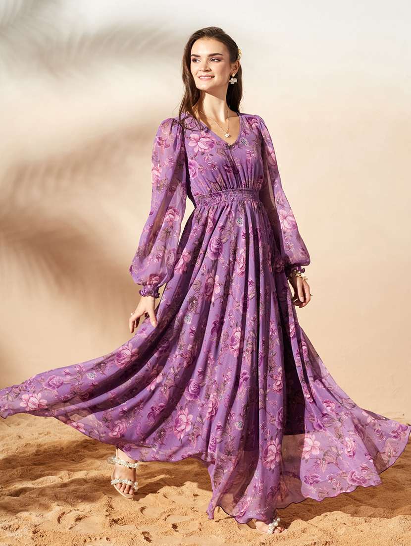 women printed bishop sleeves fit and flare dress - 22587860 -  Standard Image - 2