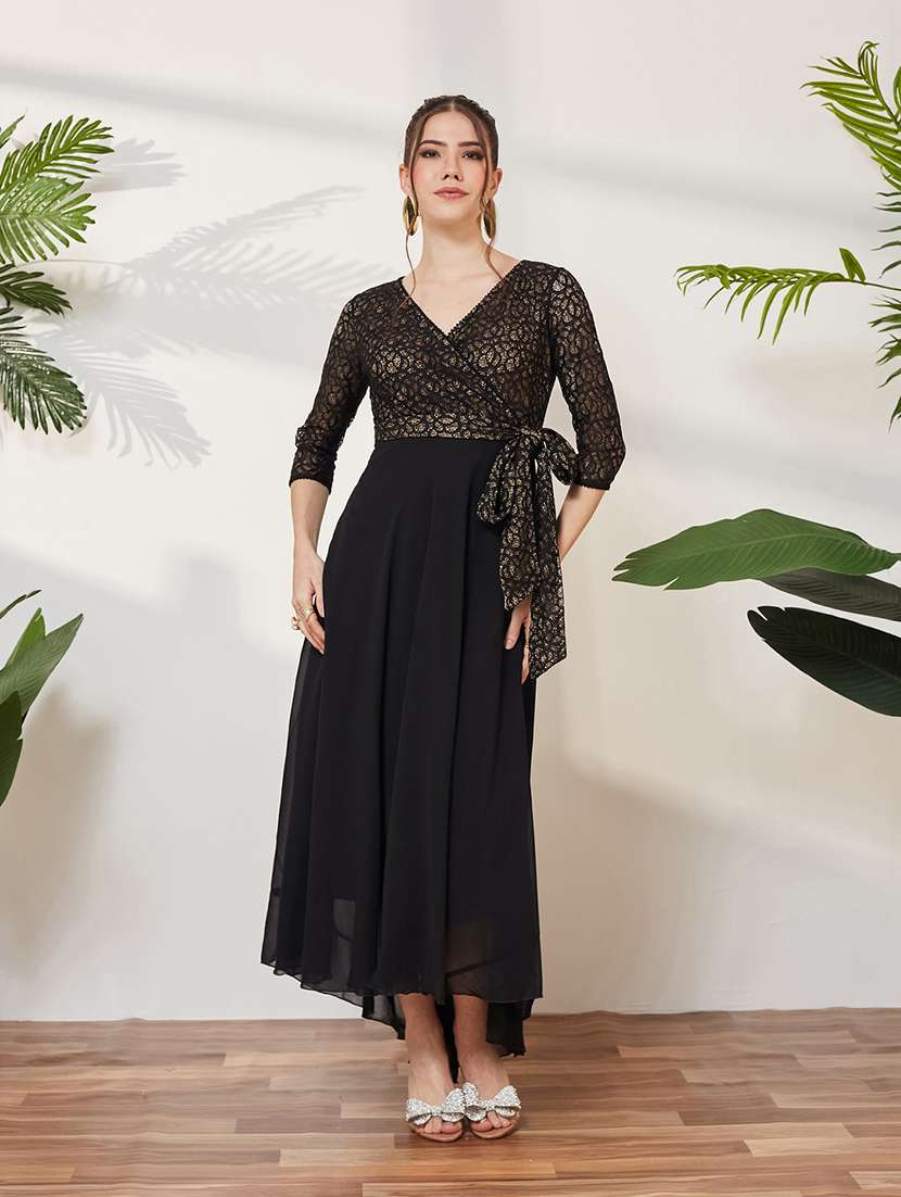 Women Self Design Three Quarter Sleeves High Low Dress - 22587861 -  Standard Image - 2