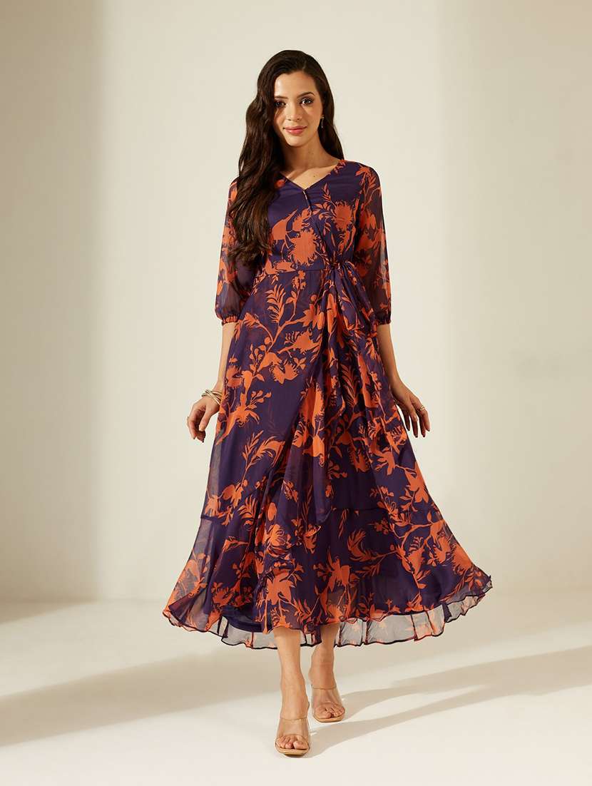 women printed three quarter sleeves tiered dress