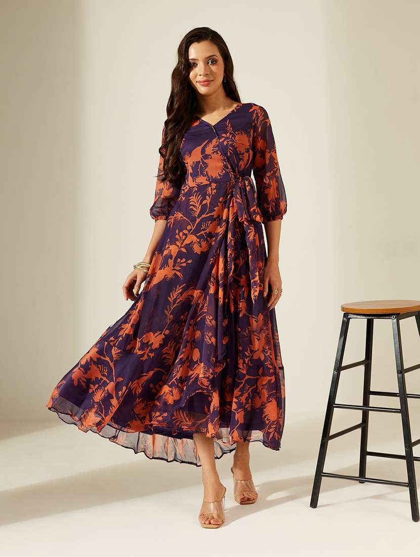 women printed three quarter sleeves tiered dress - 22587867 -  Standard Image - 2