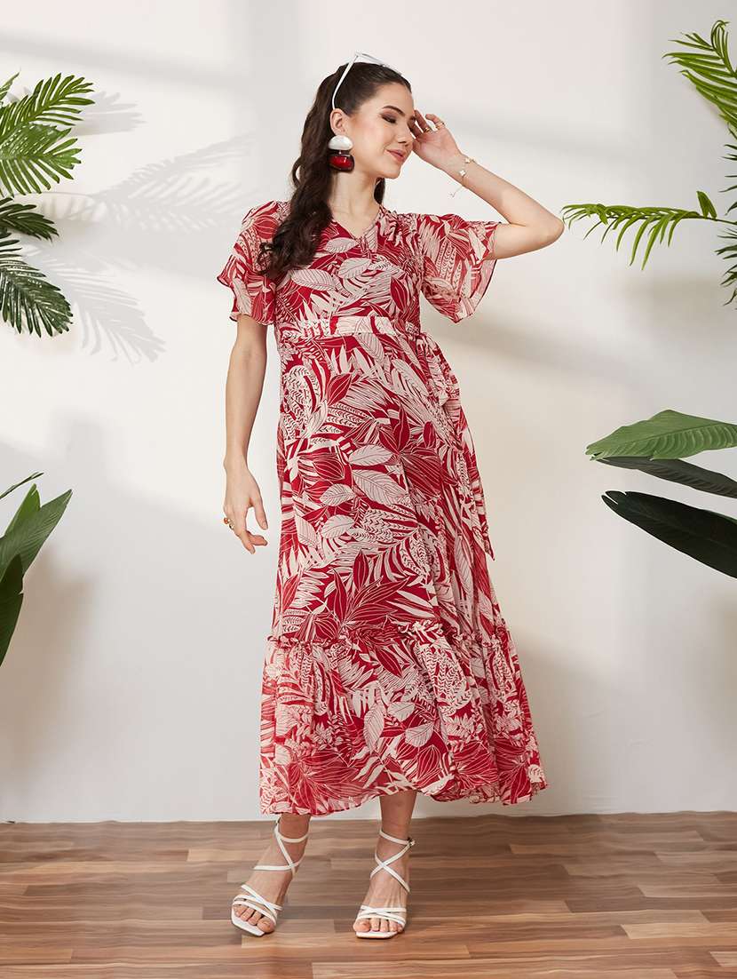 women printed flared sleeves tiered dress