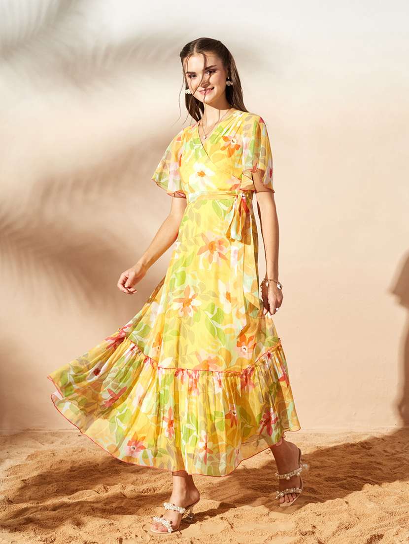 women printed flared sleeves tiered dress