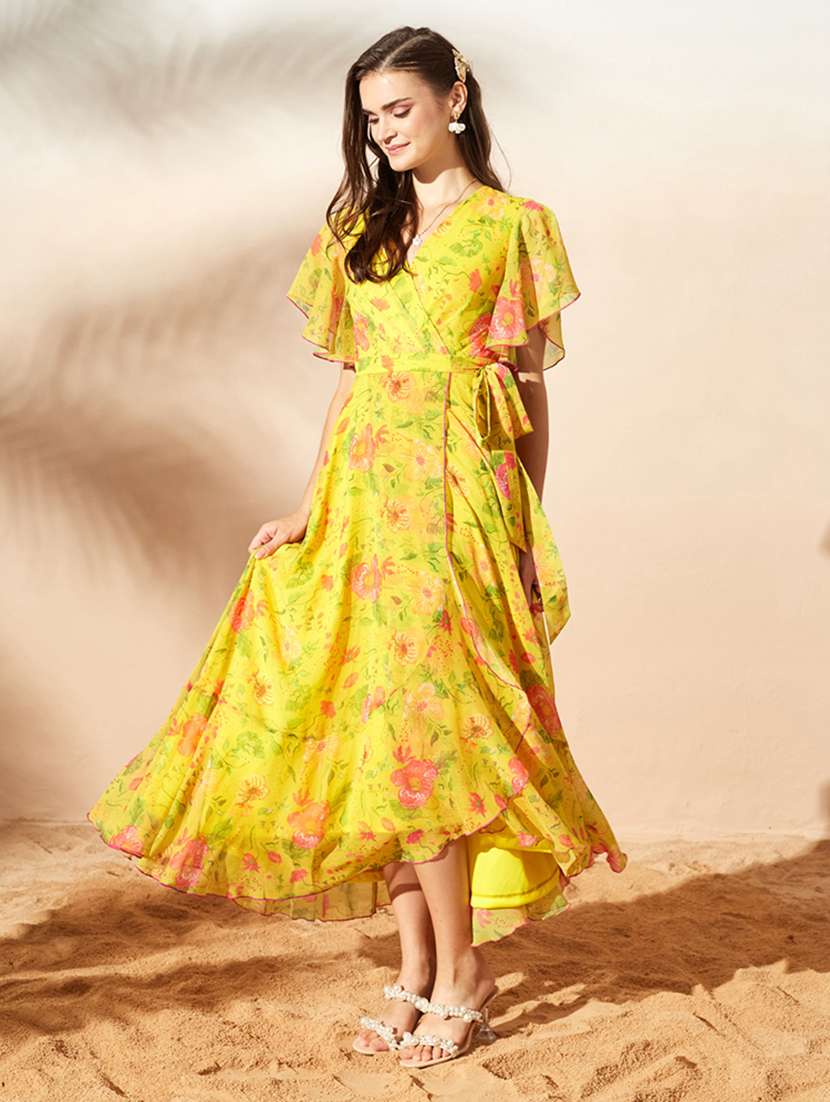 women printed flared sleeves wrap dress