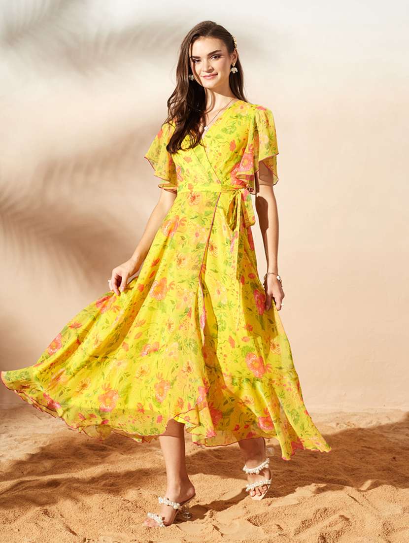 women printed flared sleeves wrap dress - 22587907 -  Standard Image - 2
