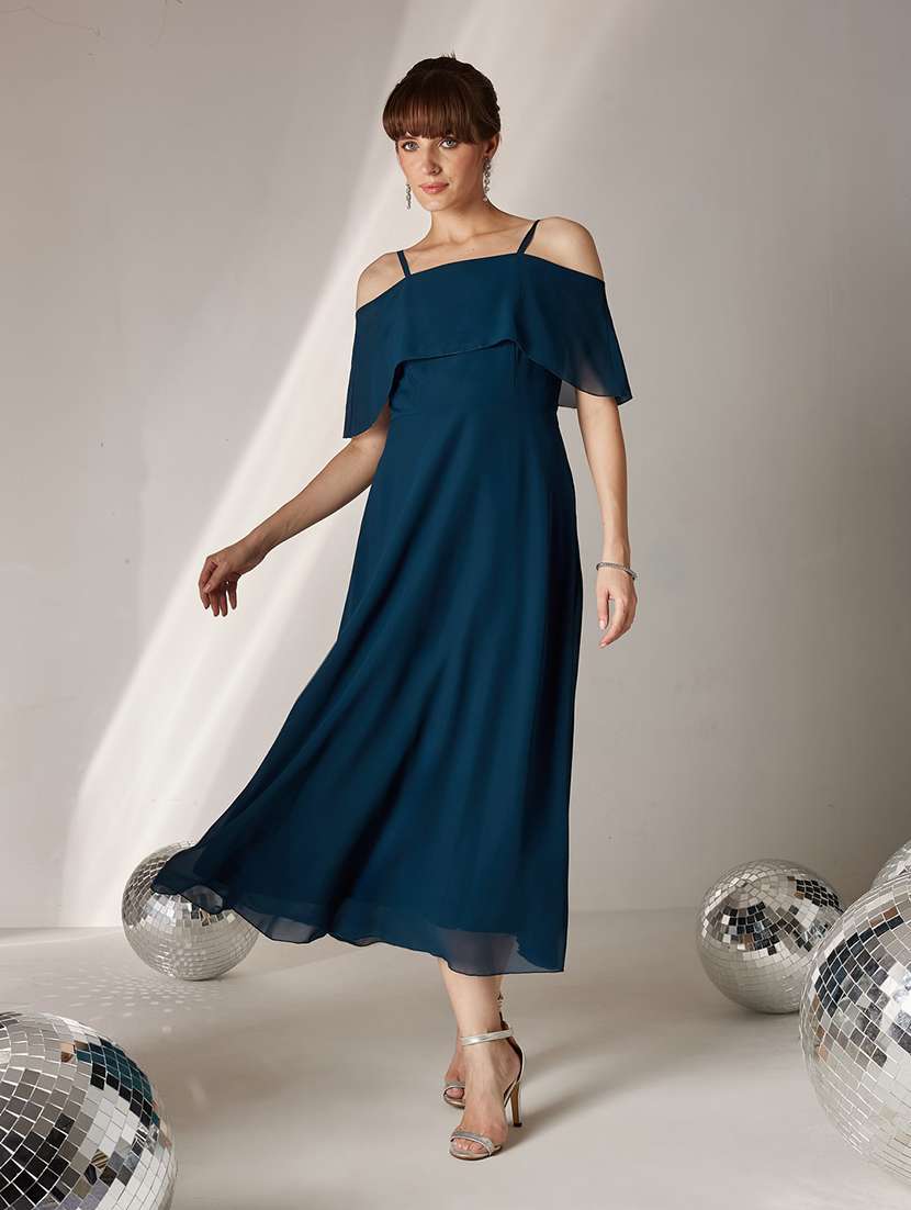women solid cold shoulder fit and flare dress - 22587913 -  Standard Image - 2