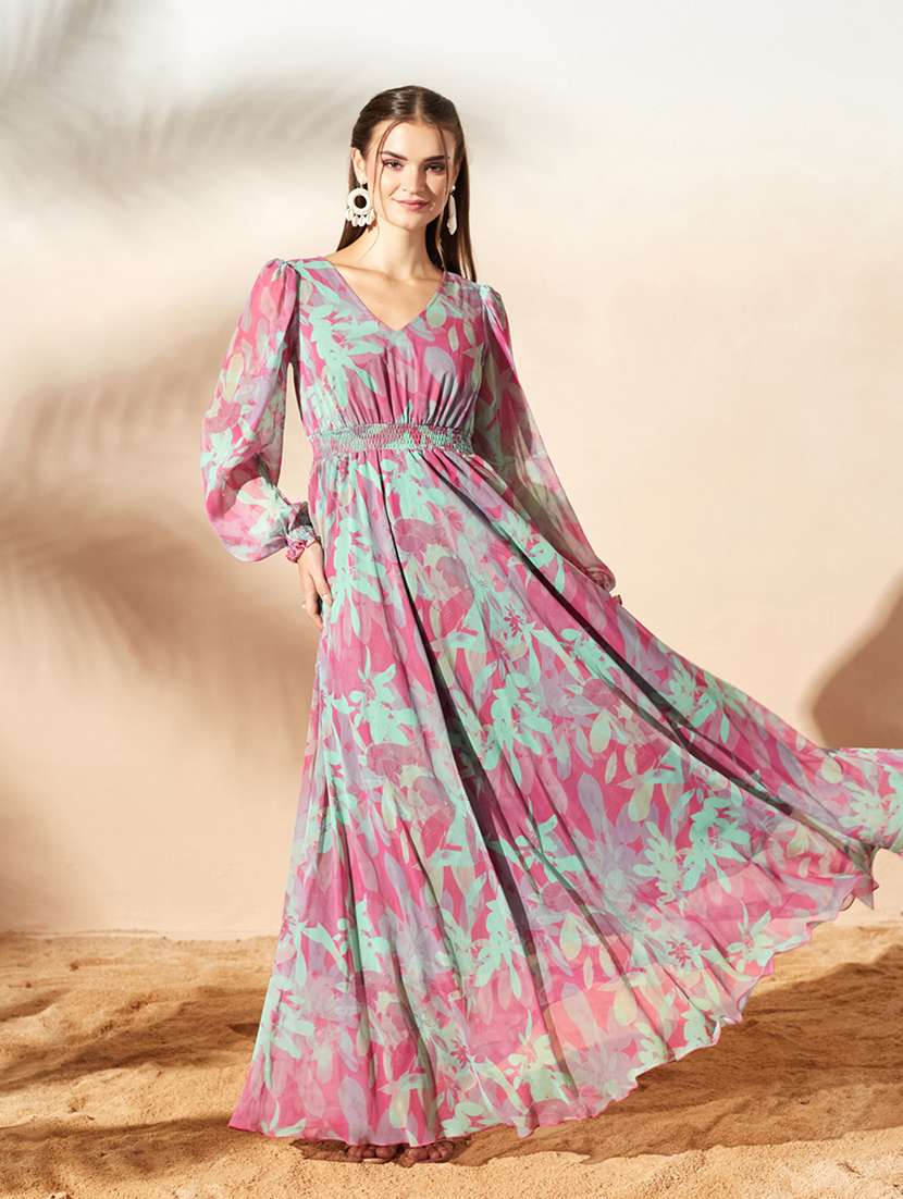 women printed bishop sleeves fit and flare dress - 22587922 -  Standard Image - 2