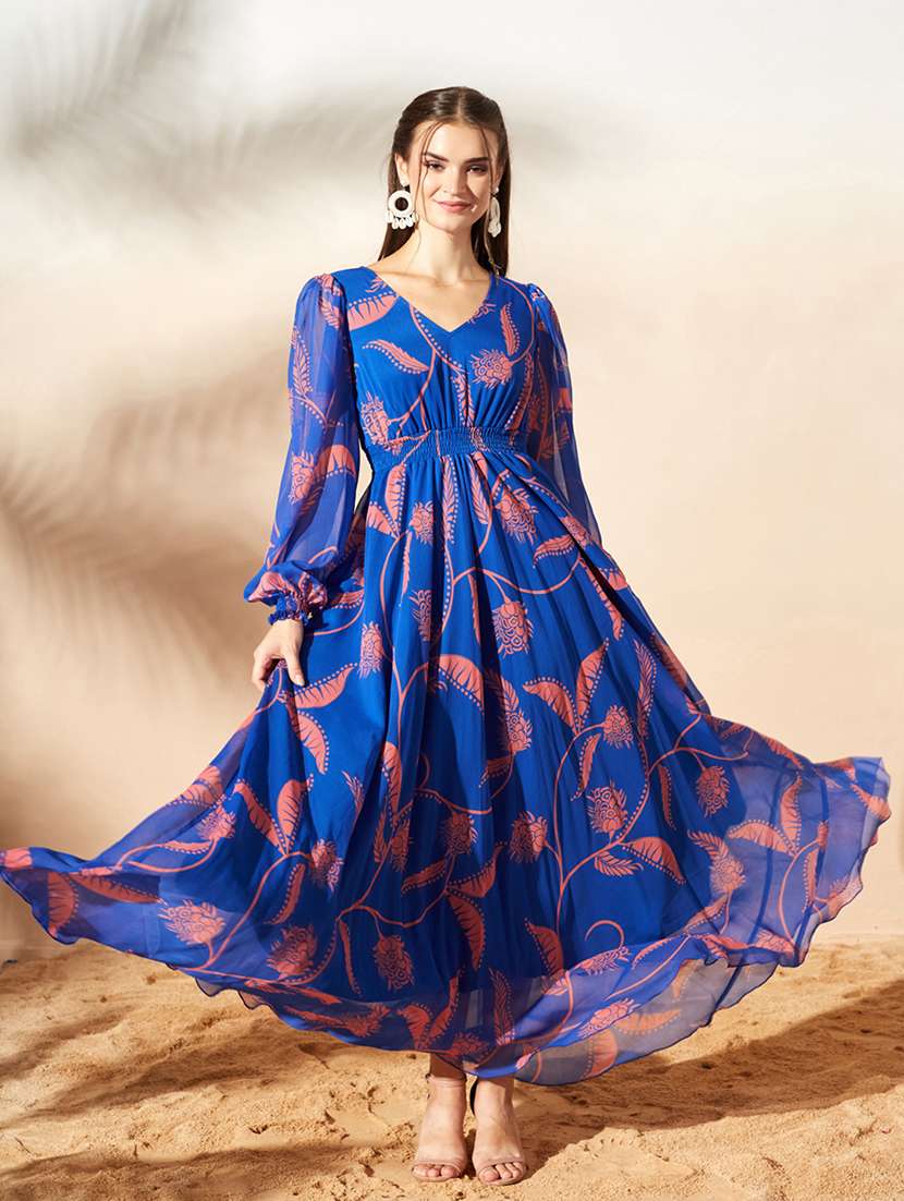women printed bishop sleeves fit and flare dress