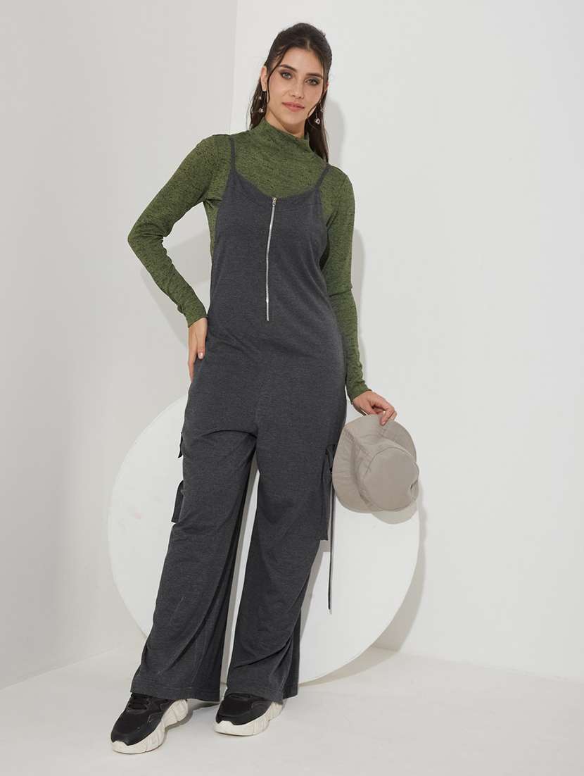 women solid shoulder strap full leg jumpsuit