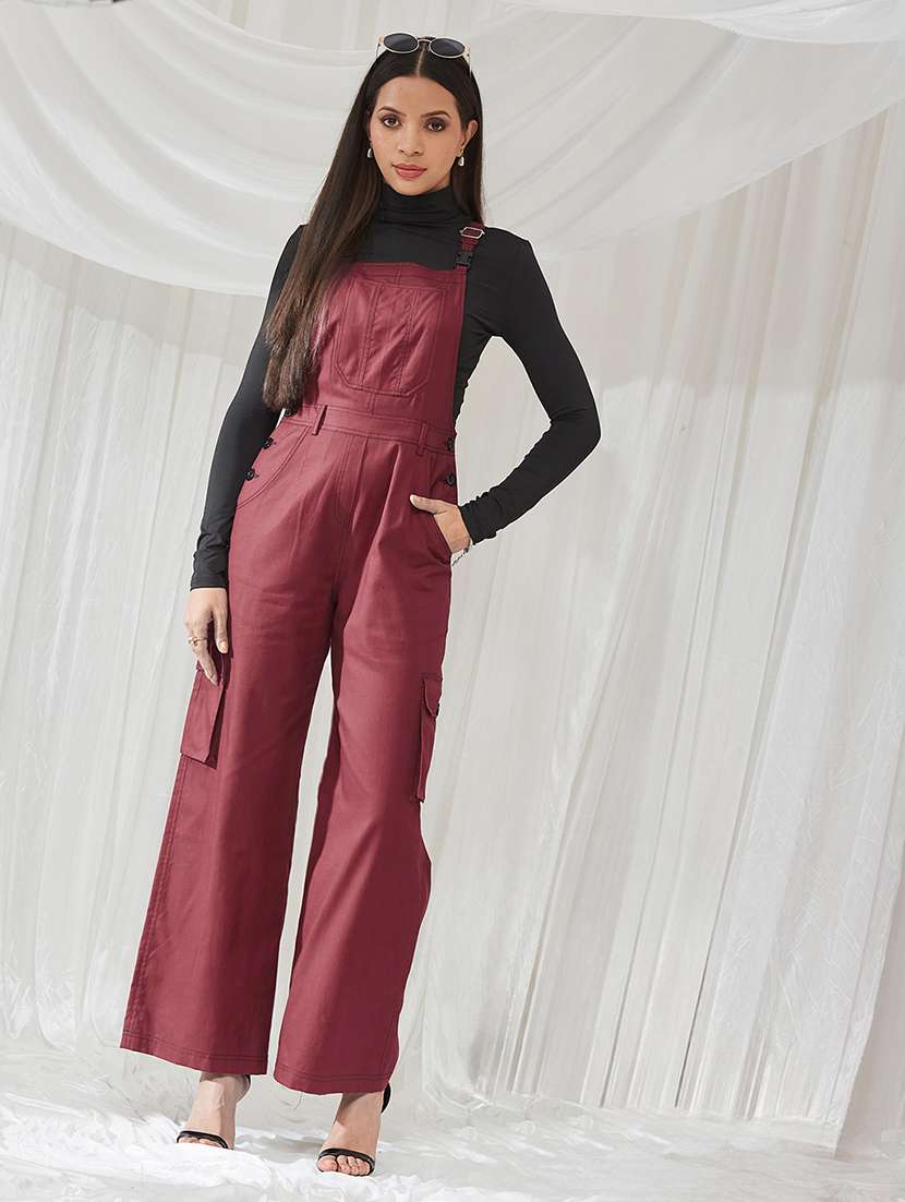 women solid shoulder strap dungaree