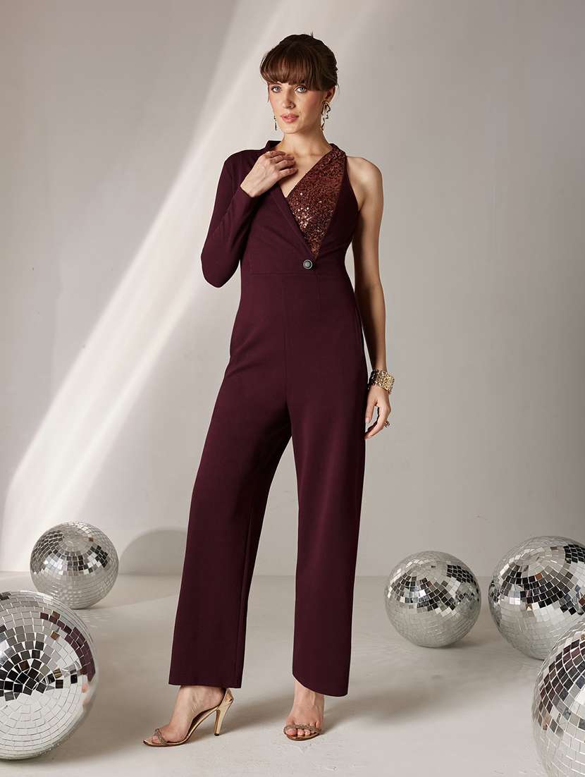 Women Sequined Overlap Neck Full Leg Jumpsuit - 22587958 -  Standard Image - 2