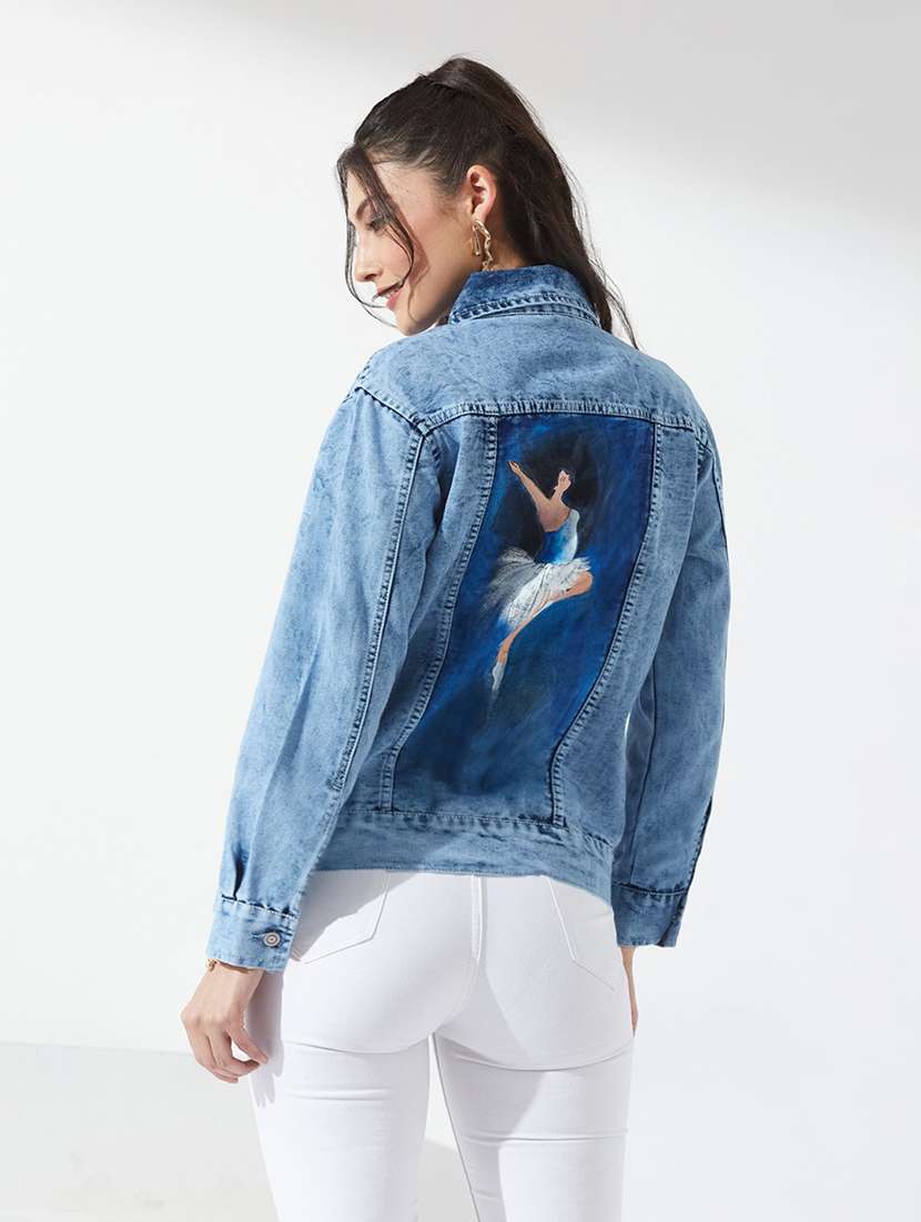 women printed long sleeves denim jacket