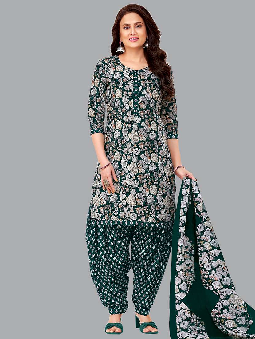 women printed three quarter sleeve kurta patiala with dupatta set
