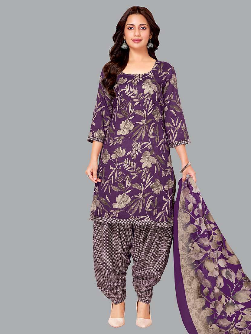 women printed three quarter sleeve kurta patiala with dupatta set