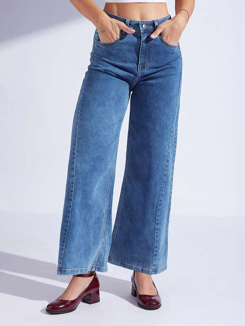 women washed high rise wide leg jeans