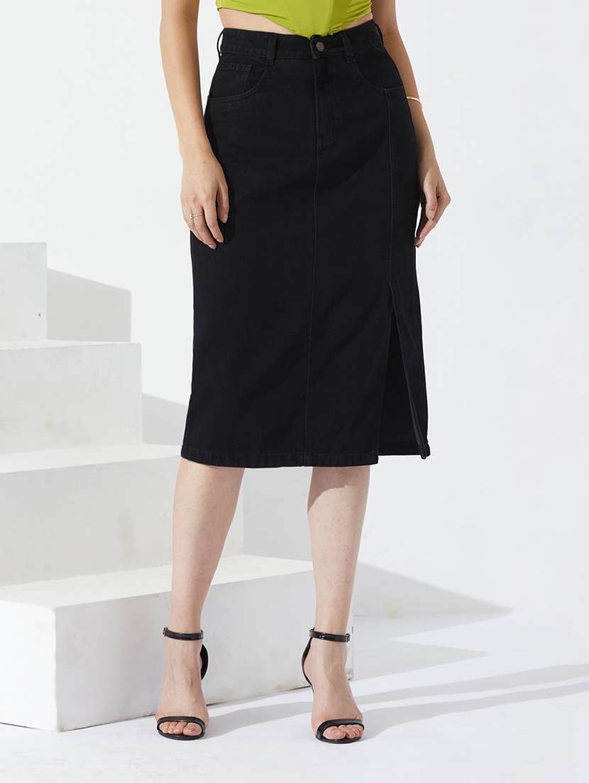 women solid high rise denim skirt