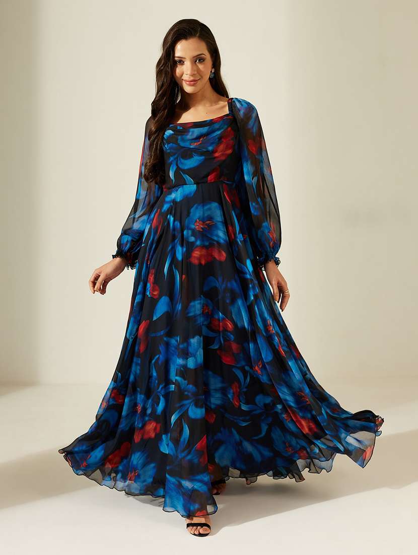 women printed bishop sleeves fit and flare dress - 22588110 -  Standard Image - 2