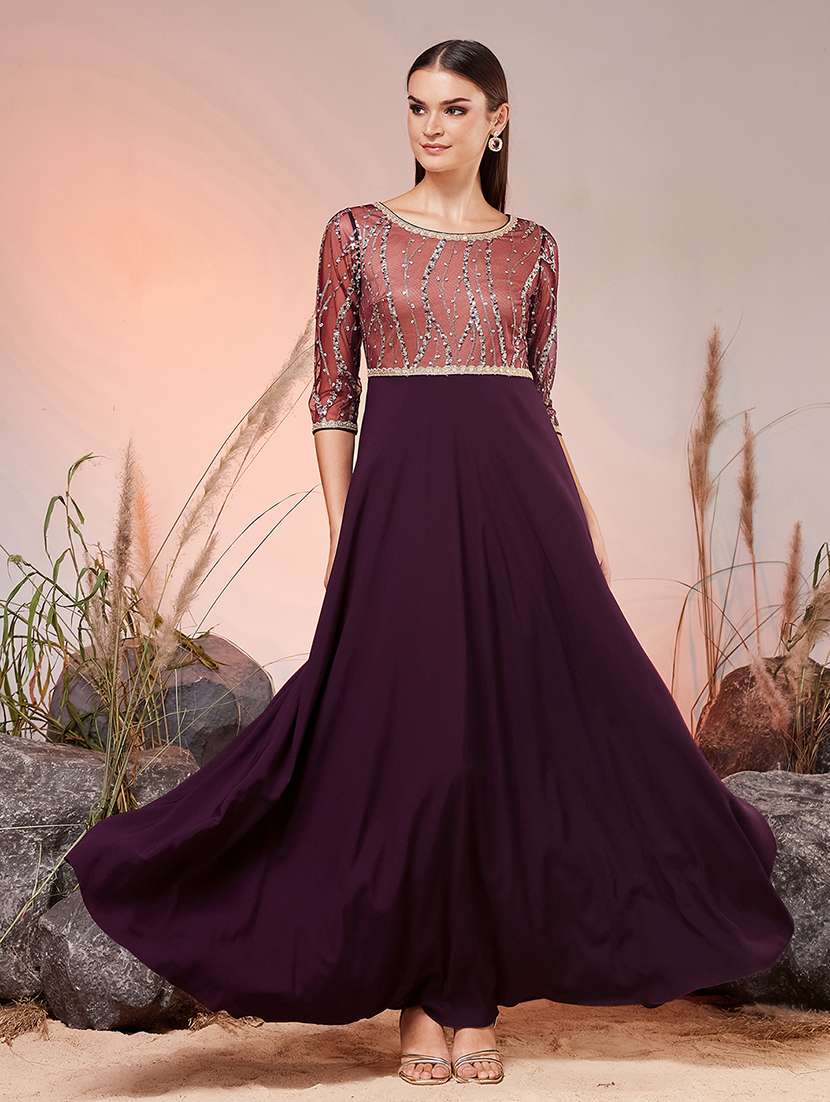 Women Embroidered Three Quarter Sleeves Fit And Flare Gown - 22588125 -  Standard Image - 2