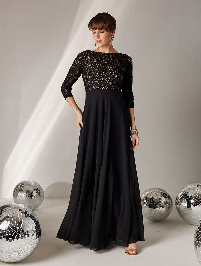 women self design three quarter sleeves fit and flare dress - 22588143 -  Standard Image - 2