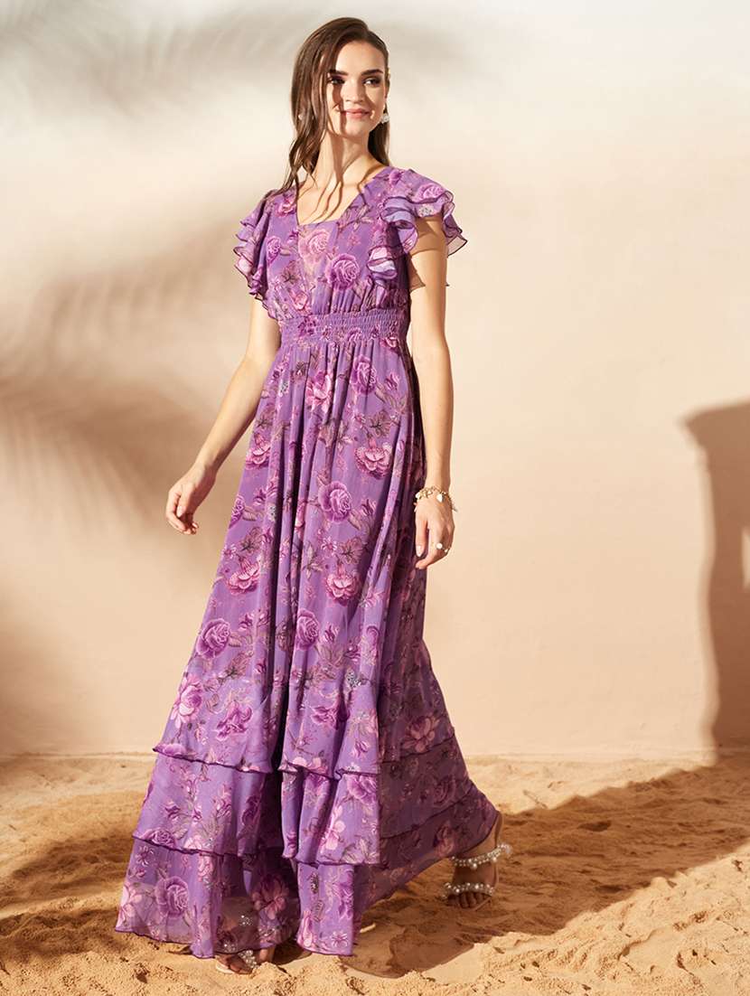 women printed ruffle sleeves tiered dress - 22588154 -  Standard Image - 2