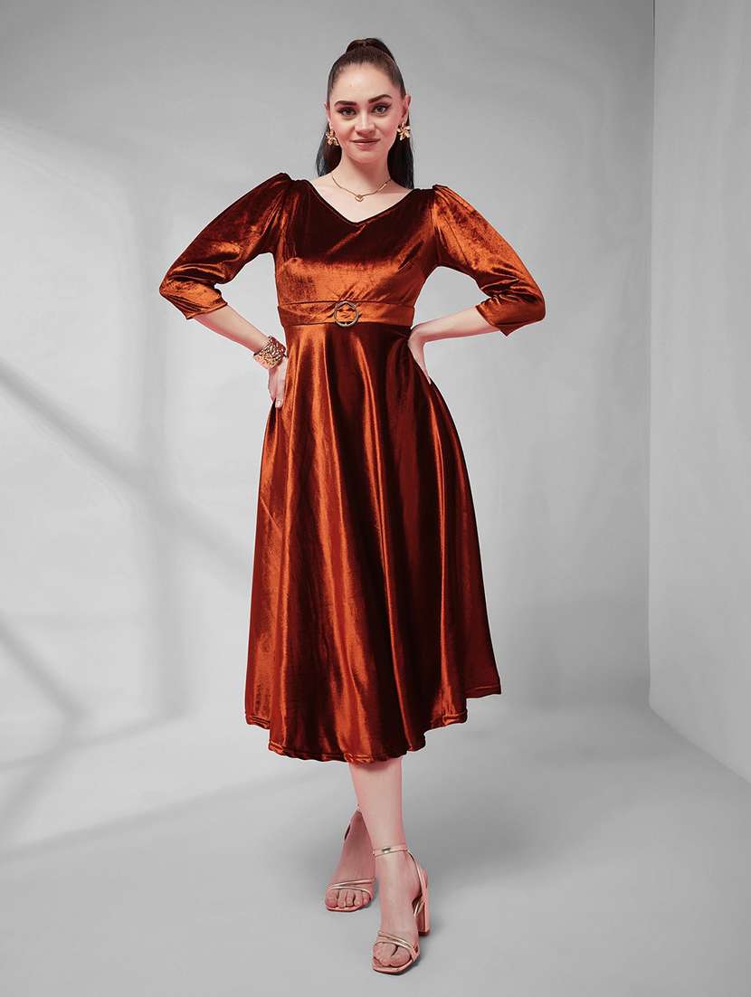 women solid three quarter sleeves fit and flare dress - 22588160 -  Standard Image - 2