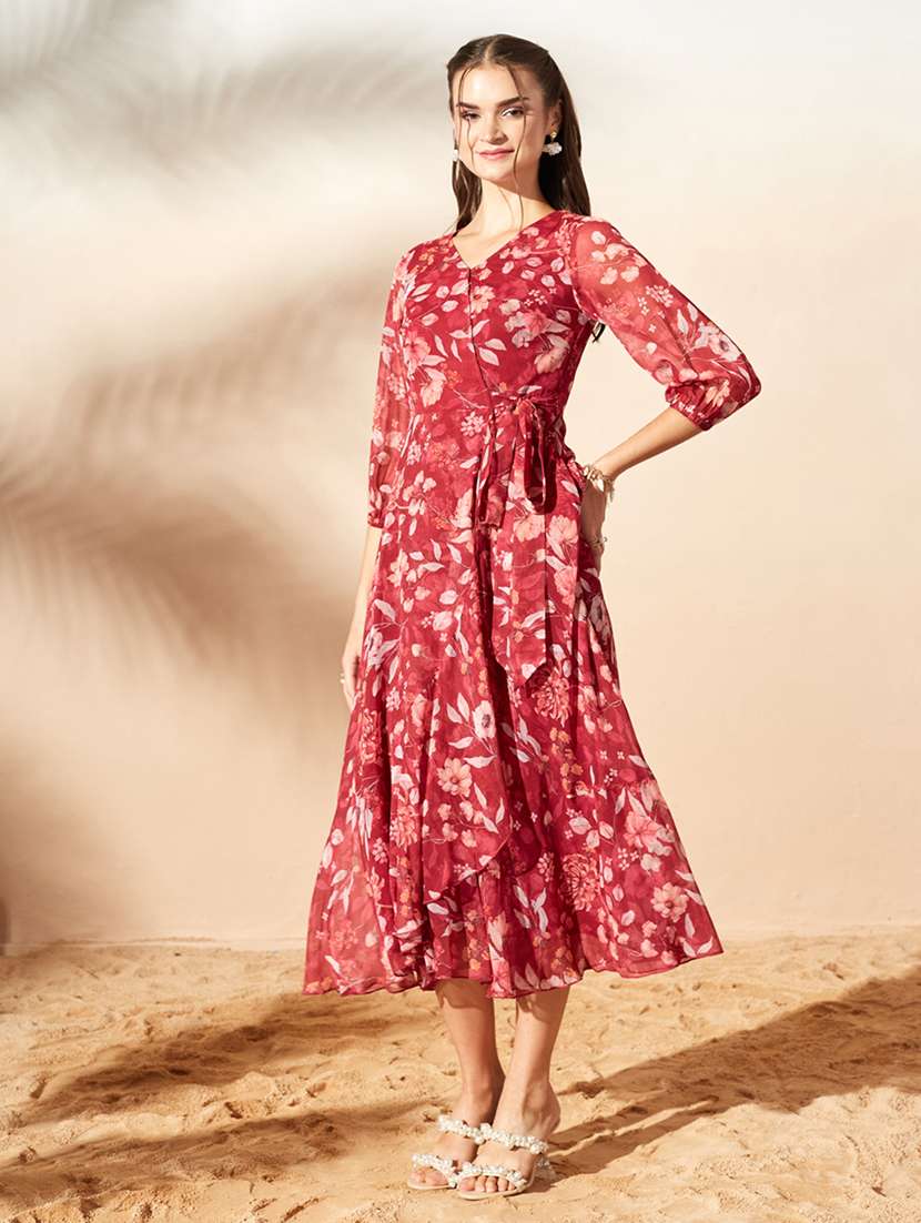 Women Printed Three Quarter Sleeves Wrap Dress - 22588173 -  Standard Image - 2
