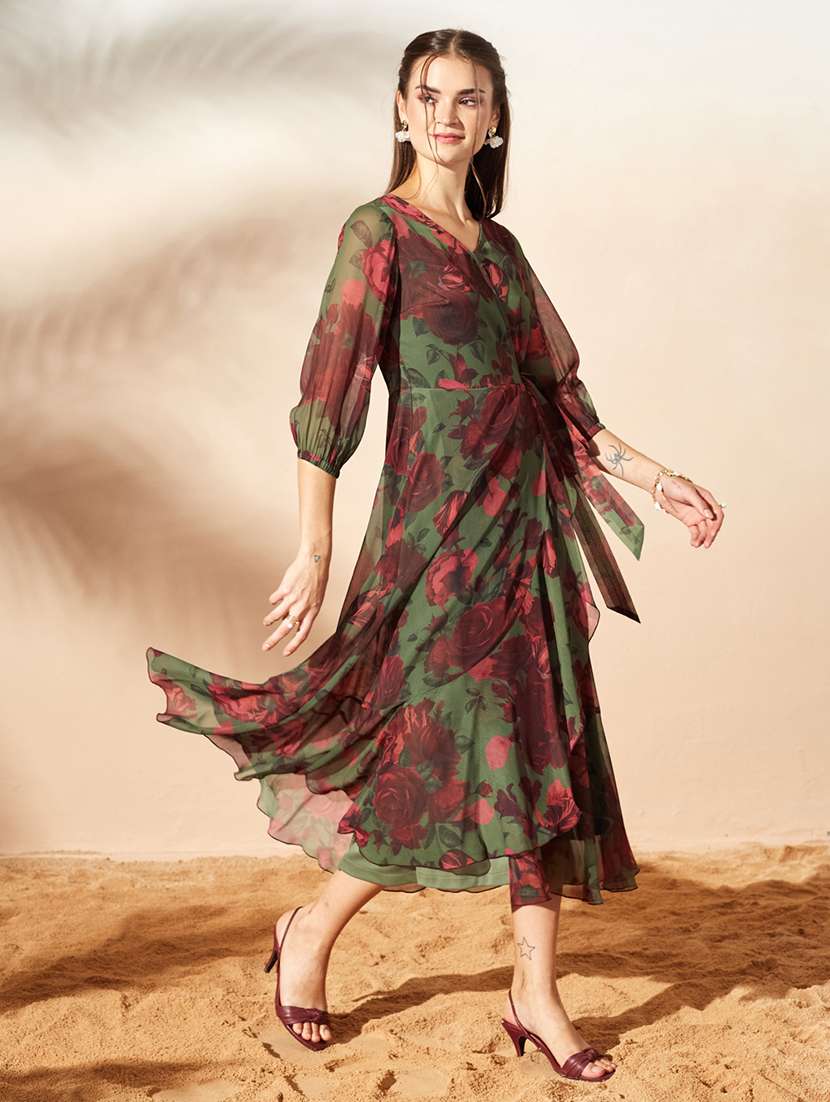 Women Printed Three Quarter Sleeves Wrap Dress - 22588189 -  Standard Image - 2
