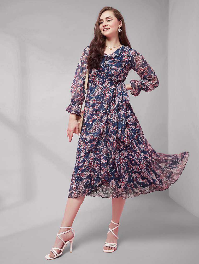 women printed long sleeves wrap dress - 22588190 -  Standard Image - 2