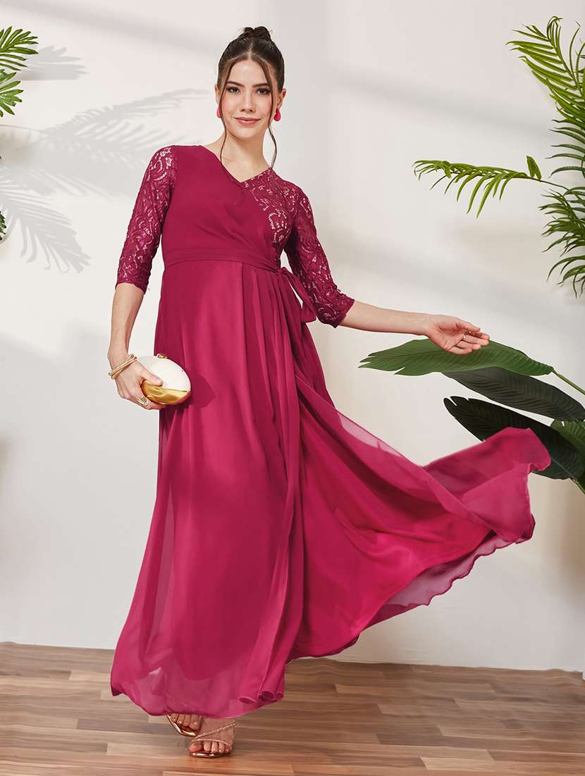 women self design three quarter sleeves wrap dress