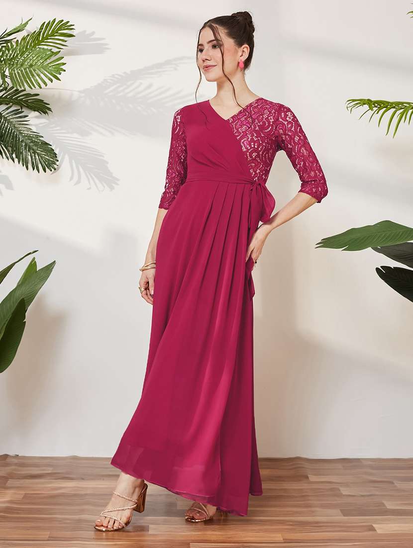 women self design three quarter sleeves wrap dress - 22588191 -  Standard Image - 2