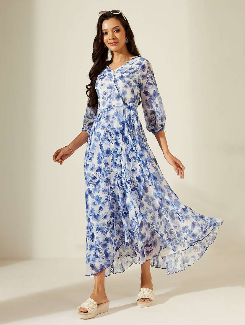 women printed three quarter sleeves wrap dress