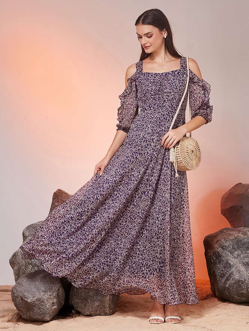 women printed cold shoulder fit and flare dress