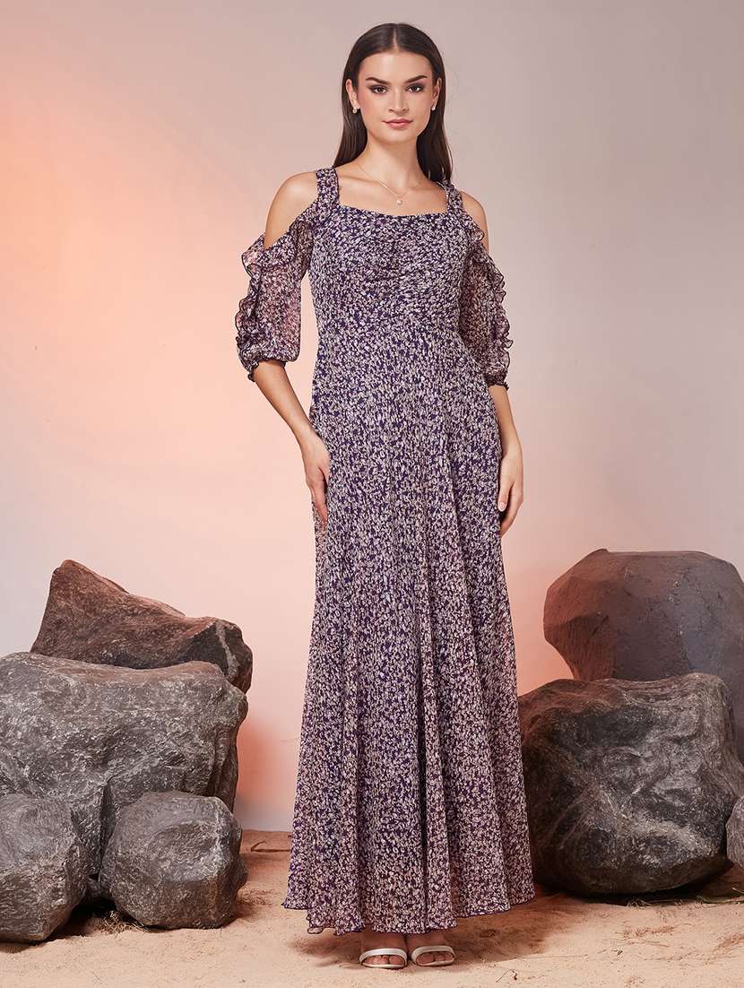 women printed cold shoulder fit and flare dress - 22588195 -  Standard Image - 2