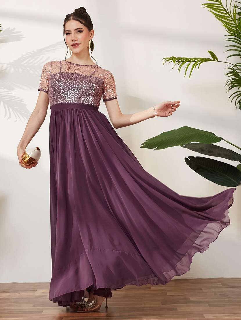 women embroidered short sleeves fit and flare gown