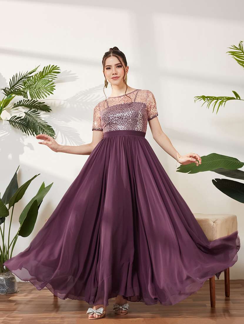 women embroidered short sleeves fit and flare gown - 22588213 -  Standard Image - 2