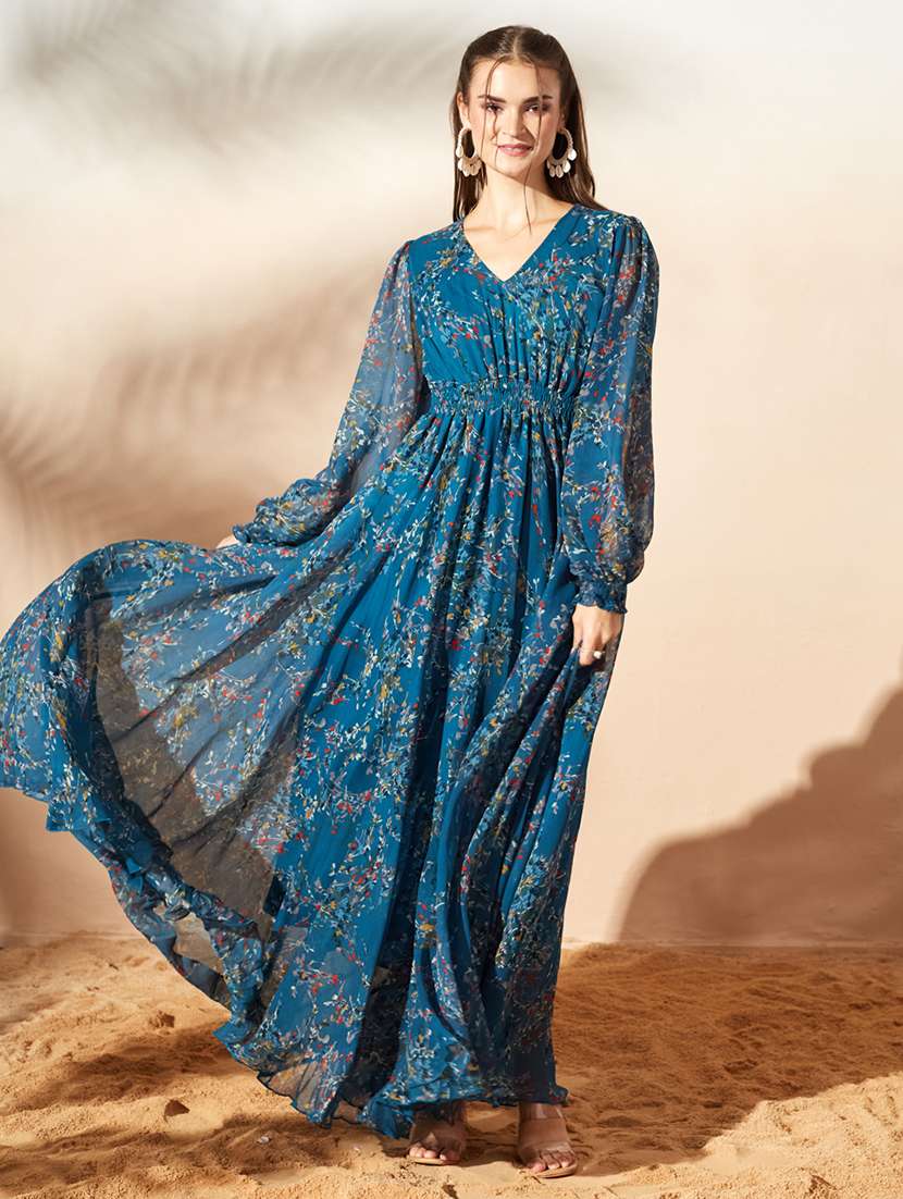 women printed bishop sleeves fit and flare dress - 22588215 -  Standard Image - 2