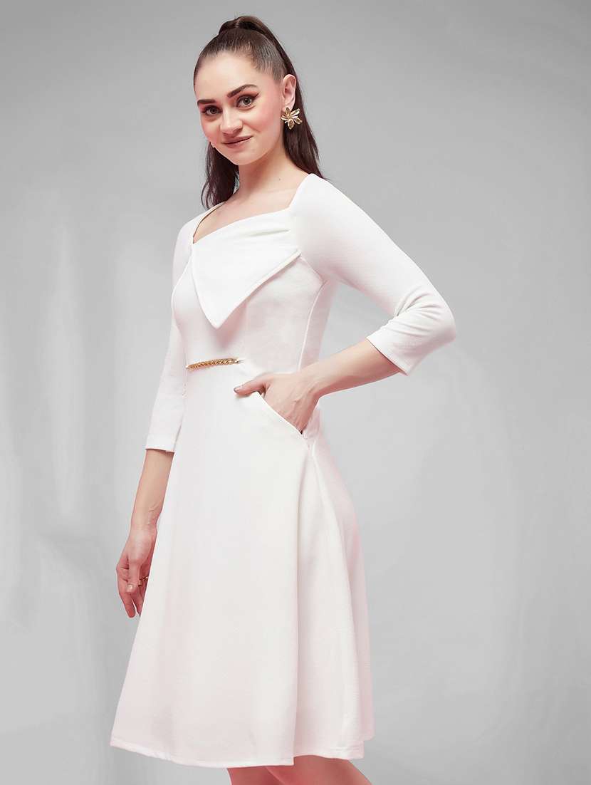 women solid three quarter sleeves a-line dress - 22588218 -  Standard Image - 2