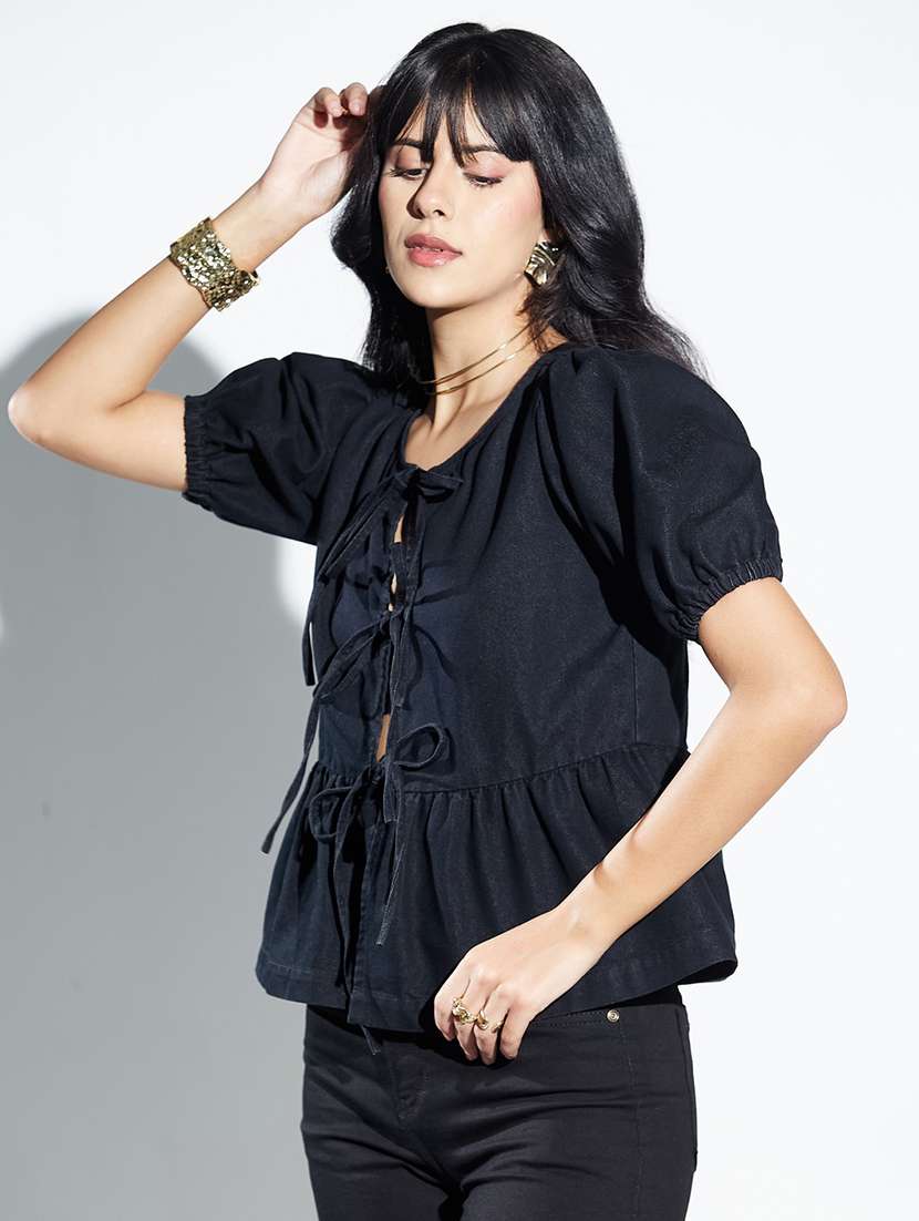 women solid puff sleeves peplum top - 22588253 -  Standard Image - 2