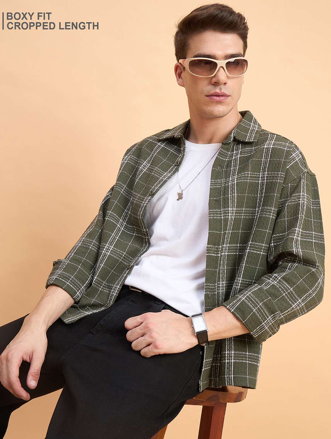 men checkered long sleeve oversized casual shirt