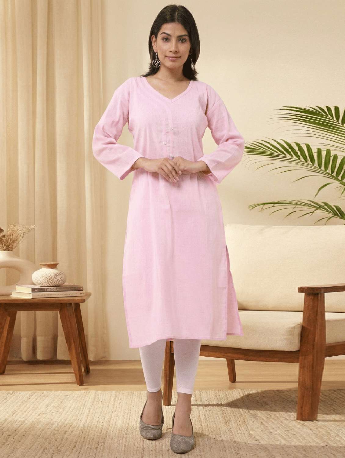 women solid three quarter sleeve straight kurta